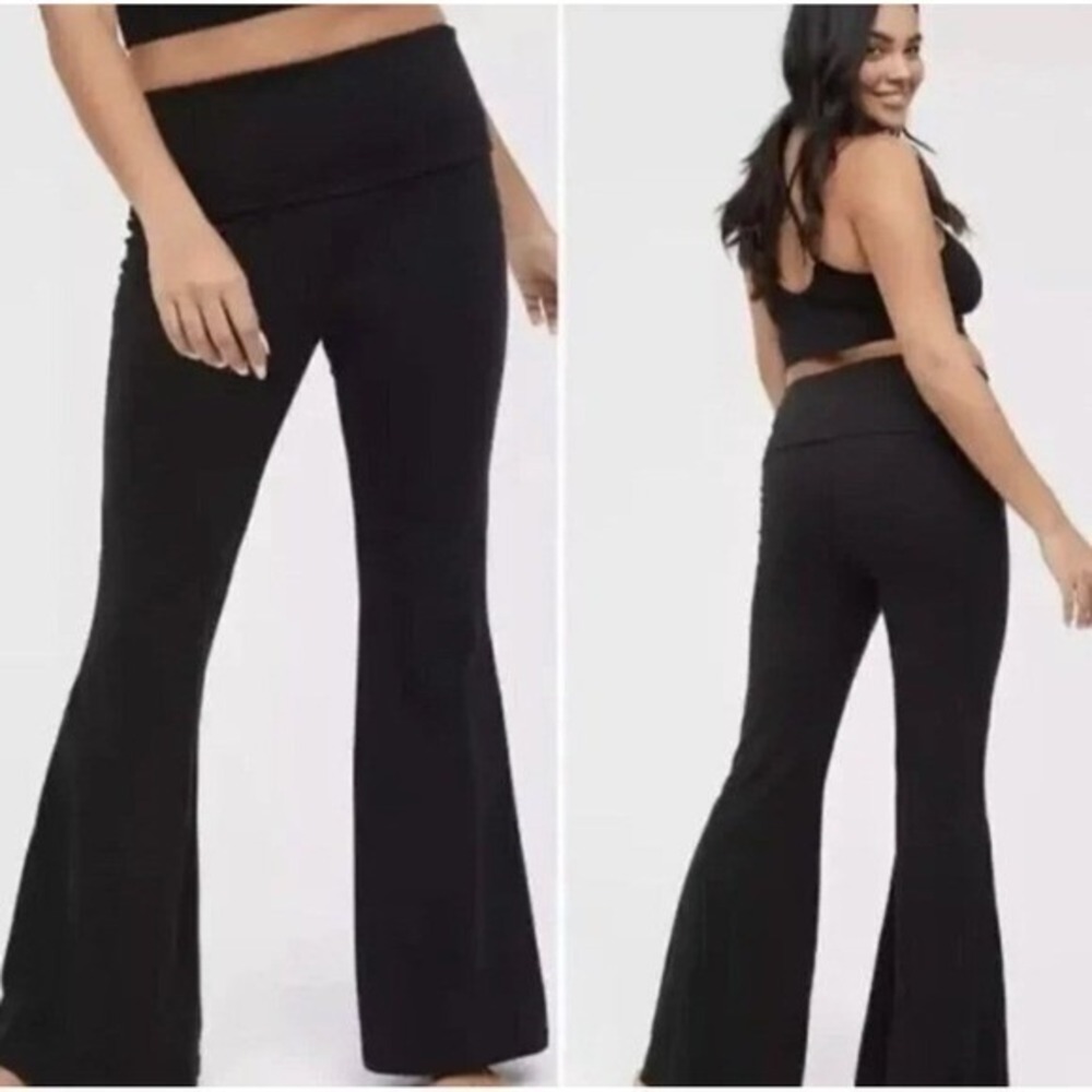 Aerie Offline OG Super Flare Foldover‎ Hi Rise Black Yoga Pants Short S Women's